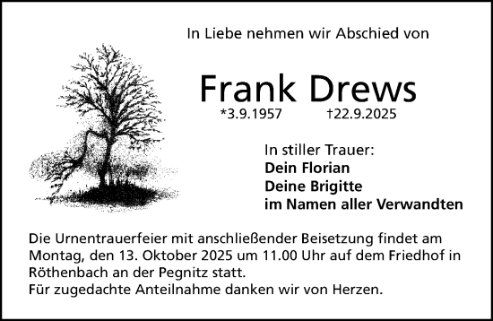 Traueranzeige von Frank Drews von Gesamtausgabe Nürnberger Nachrichten/ Nürnberger Ztg.
