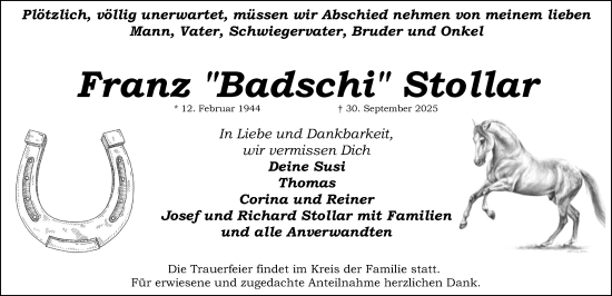 Traueranzeige von Franz Stollar von Schwabacher Tagblatt Lokal