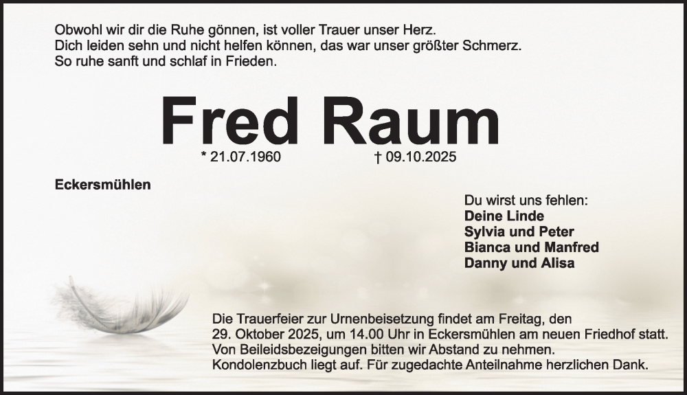  Traueranzeige für Fred Raum vom 25.10.2025 aus Roth-Hilpoltsteiner Volkszeitung Lokal