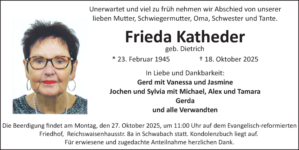  Traueranzeige für Frieda Katheder vom 25.10.2025 aus Schwabacher Tagblatt Lokal