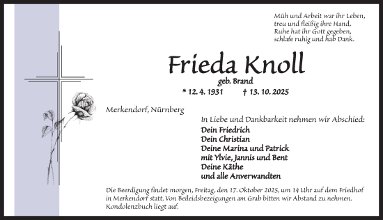 Traueranzeige von Frieda Knoll von Altmühl-Bote Lokal