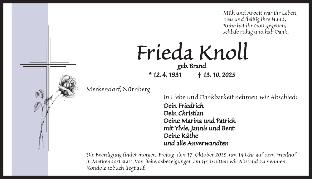  Traueranzeige für Frieda Knoll vom 16.10.2025 aus Altmühl-Bote Lokal