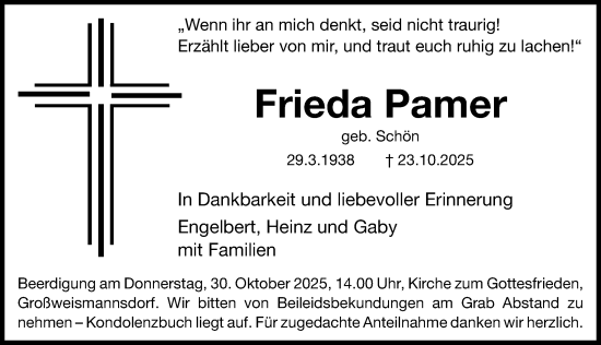 Traueranzeige von Frieda Pamer von Fürther Nachrichten Lokal