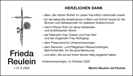 Traueranzeige von Frieda Reulein von Altmühl-Bote Lokal