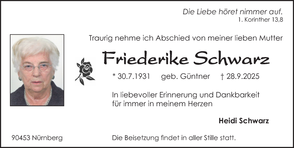  Traueranzeige für Friederike Schwarz vom 04.10.2025 aus Schwabacher Tagblatt Lokal