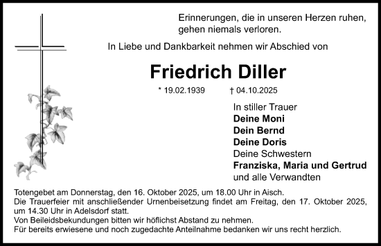 Traueranzeige von Friedrich Diller von Nordbayerische Nachrichten Herzogenaurach Lokal