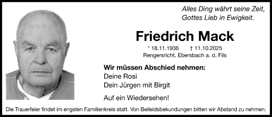 Traueranzeige von Friedrich Mack von Neumarkter Nachrichten Lokal