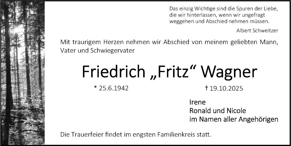  Traueranzeige für Friedrich Wagner vom 25.10.2025 aus Erlanger Nachrichten Lokal