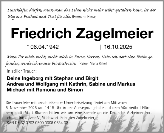 Traueranzeige von Friedrich Zagelmeier von Gesamtausgabe Nürnberger Nachrichten/ Nürnberger Ztg.