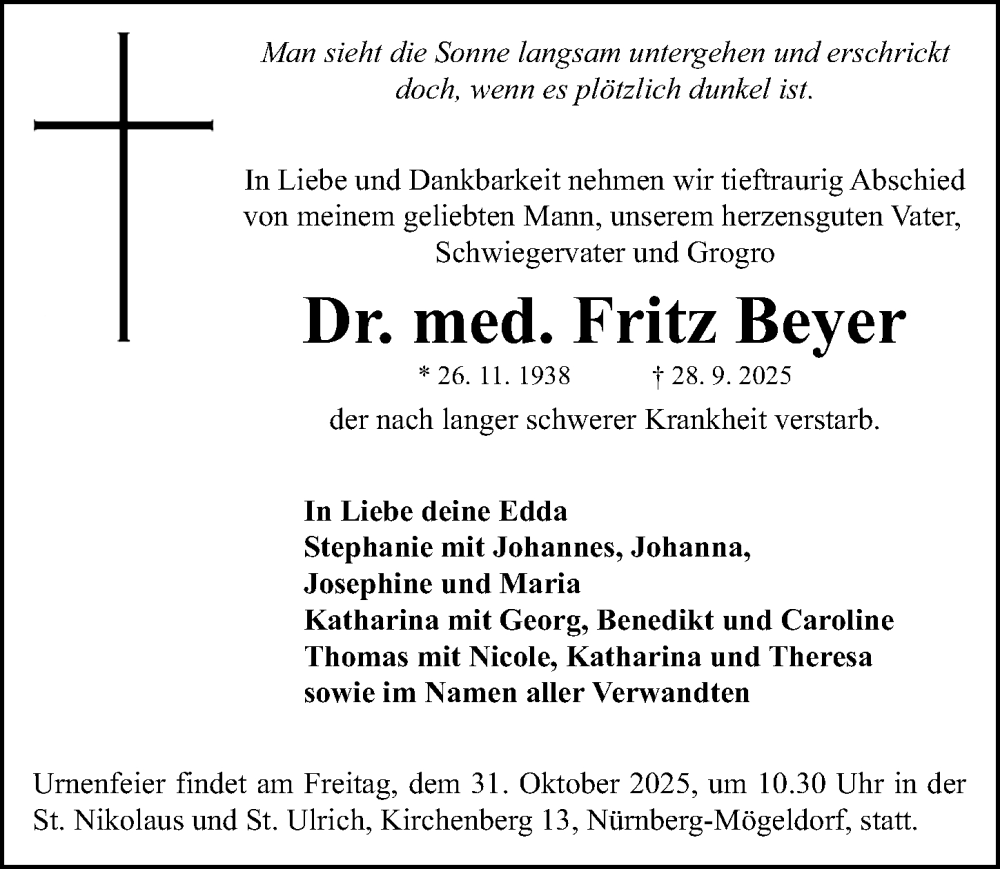  Traueranzeige für Fritz Beyer vom 18.10.2025 aus Gesamtausgabe Nürnberger Nachrichten/ Nürnberger Ztg.