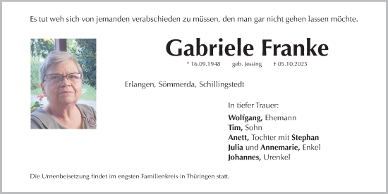 Traueranzeige von Gabriele Franke von Erlanger Nachrichten Lokal
