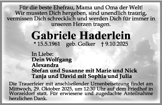 Traueranzeige von Gabriele Haderlein von Gesamtausgabe Nürnberger Nachrichten/ Nürnberger Ztg.