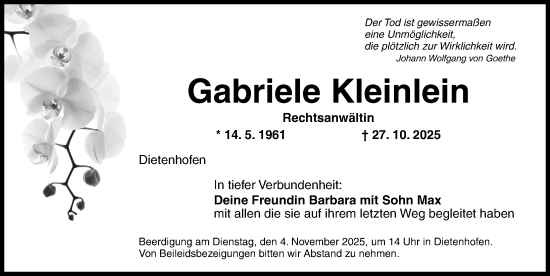 Traueranzeige von Gabriele Kleinlein von Gesamtausgabe Nürnberger Nachrichten/ Nürnberger Ztg.