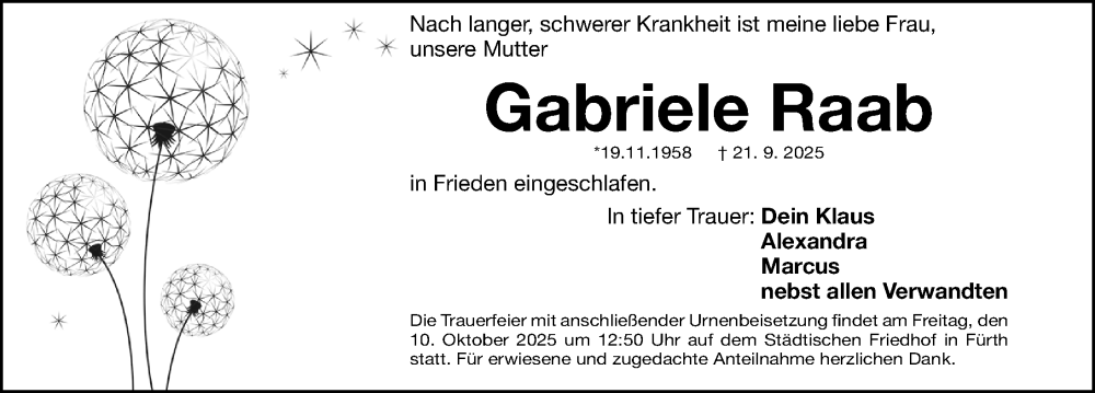  Traueranzeige für Gabriele Raab vom 08.10.2025 aus Gesamtausgabe Nürnberger Nachrichten/ Nürnberger Ztg.