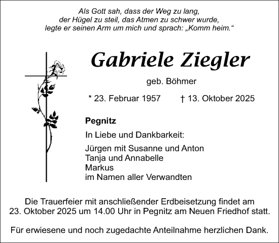 Traueranzeige von Gabriele Ziegler von Nordbayerische Nachrichten Pegnitz Lokal