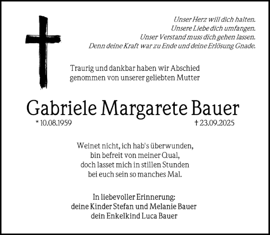 Traueranzeige von Gabriele Margarete Bauer von Gesamtausgabe Nürnberger Nachrichten/ Nürnberger Ztg.