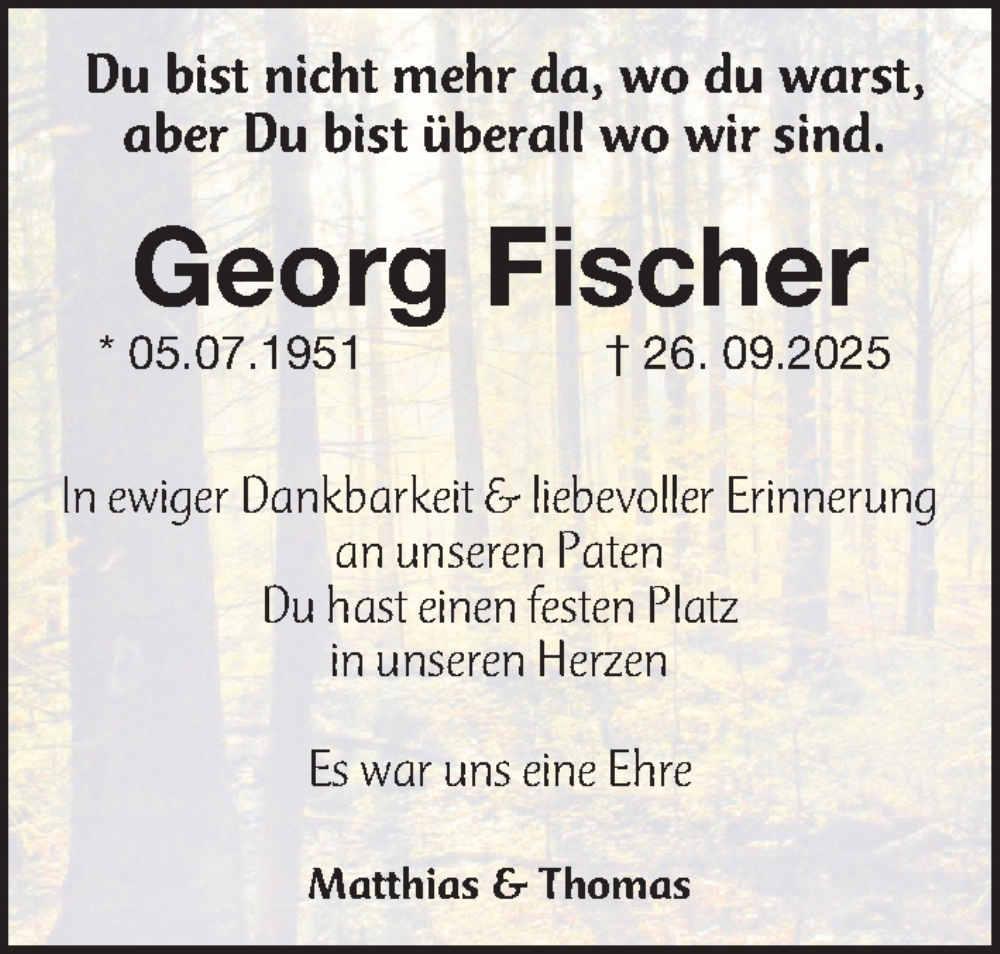  Traueranzeige für Georg Fischer vom 18.10.2025 aus Erlanger Nachrichten Lokal