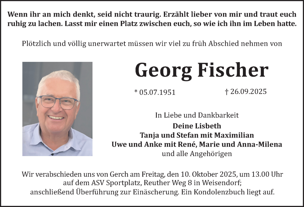  Traueranzeige für Georg Fischer vom 04.10.2025 aus Nordbayerische Nachrichten Herzogenaurach Lokal