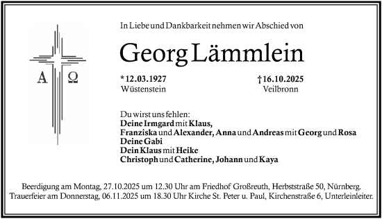 Traueranzeige von Georg Limmlein von Gesamtausgabe Nürnberger Nachrichten/ Nürnberger Ztg.