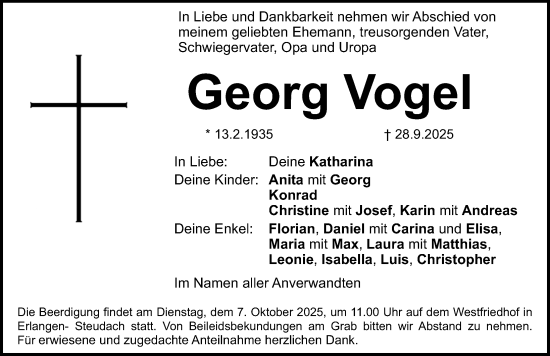 Traueranzeige von Georg Vogel von Erlanger Nachrichten Lokal