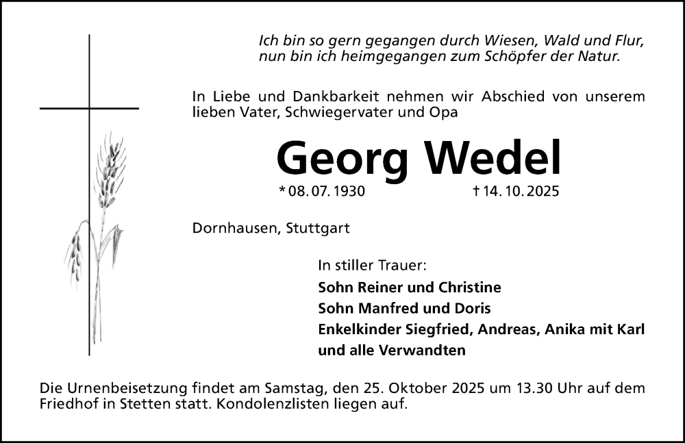  Traueranzeige für Georg Wedel vom 23.10.2025 aus Altmühl-Bote Lokal