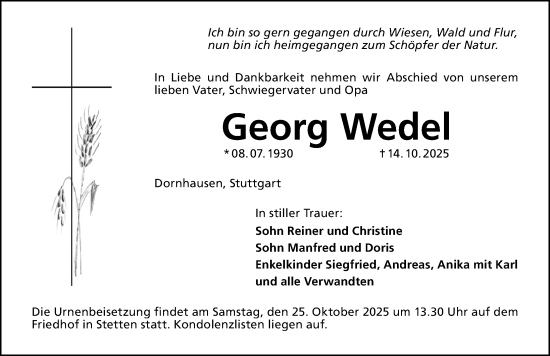 Traueranzeige von Georg Wedel von Altmühl-Bote Lokal