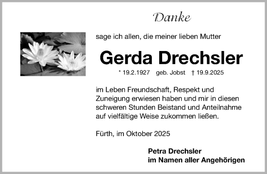 Traueranzeige von Gerda Drechsler von Fürther Nachrichten Lokal