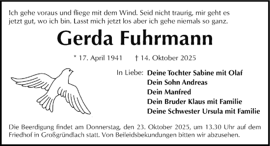 Traueranzeige von Gerda Fuhrmann von Gesamtausgabe Nürnberger Nachrichten/ Nürnberger Ztg.