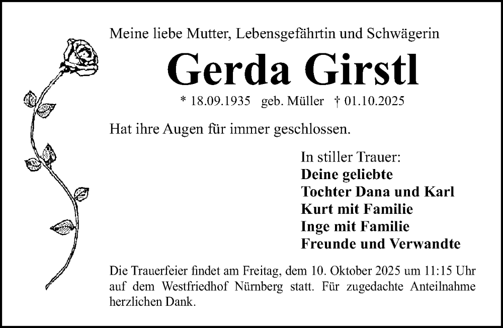  Traueranzeige für Gerda Girstl vom 07.10.2025 aus Gesamtausgabe Nürnberger Nachrichten/ Nürnberger Ztg.