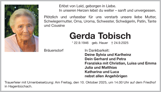Traueranzeige von Gerda Tobisch von Fürther Nachrichten Lokal