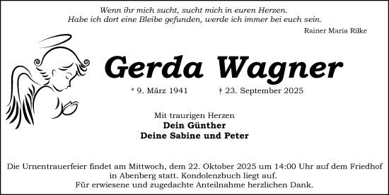 Traueranzeige von Gerda Wagner von HST,HRHV