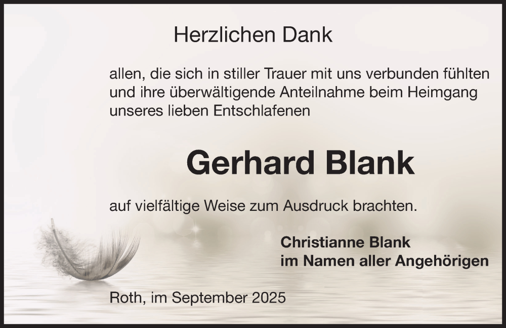  Traueranzeige für Gerhard Blank vom 04.10.2025 aus Roth-Hilpoltsteiner Volkszeitung Lokal