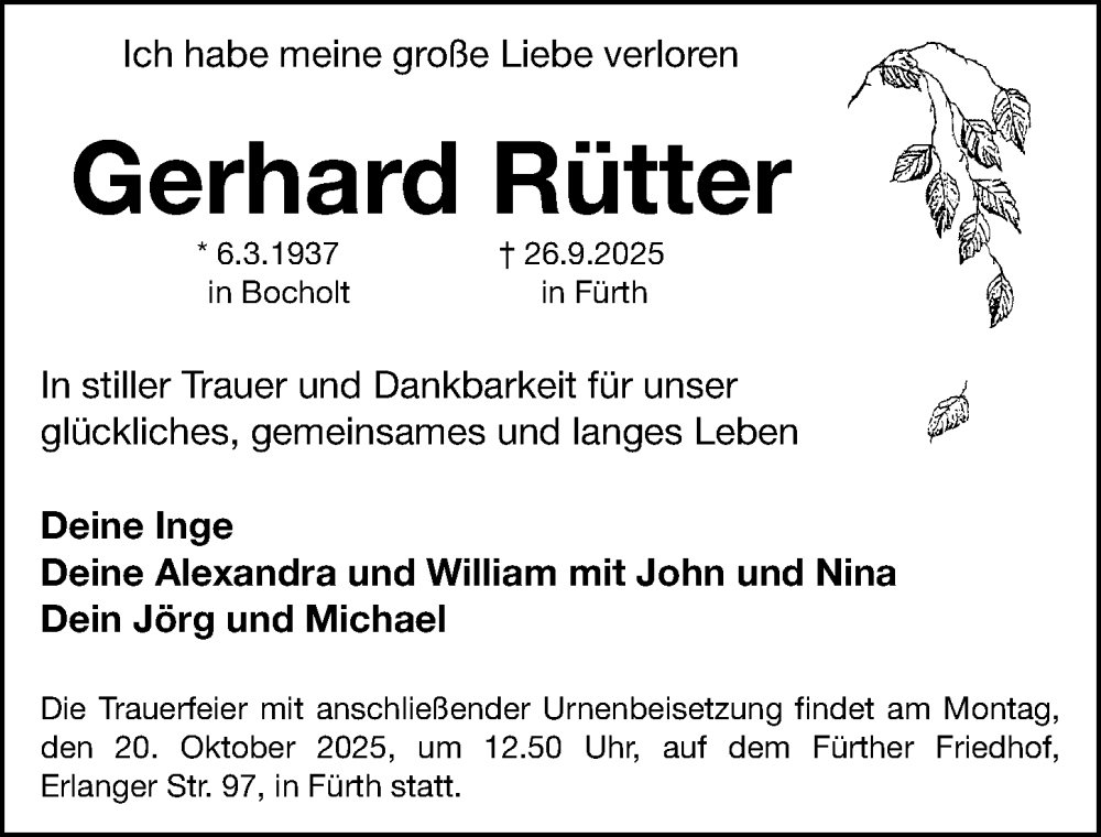  Traueranzeige für Gerhard Rütter vom 18.10.2025 aus Fürther Nachrichten Lokal