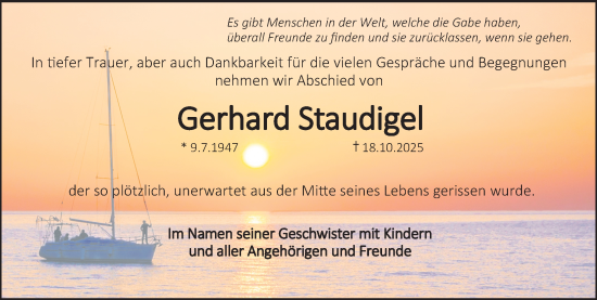 Traueranzeige von Gerhard Staudigel von Erlanger Nachrichten Lokal