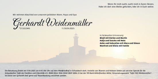 Traueranzeige von Gerhard Weidenmüller von Schwabacher Tagblatt Lokal