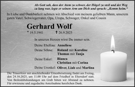 Traueranzeige von Gerhard Wolf von Erlanger Nachrichten Lokal