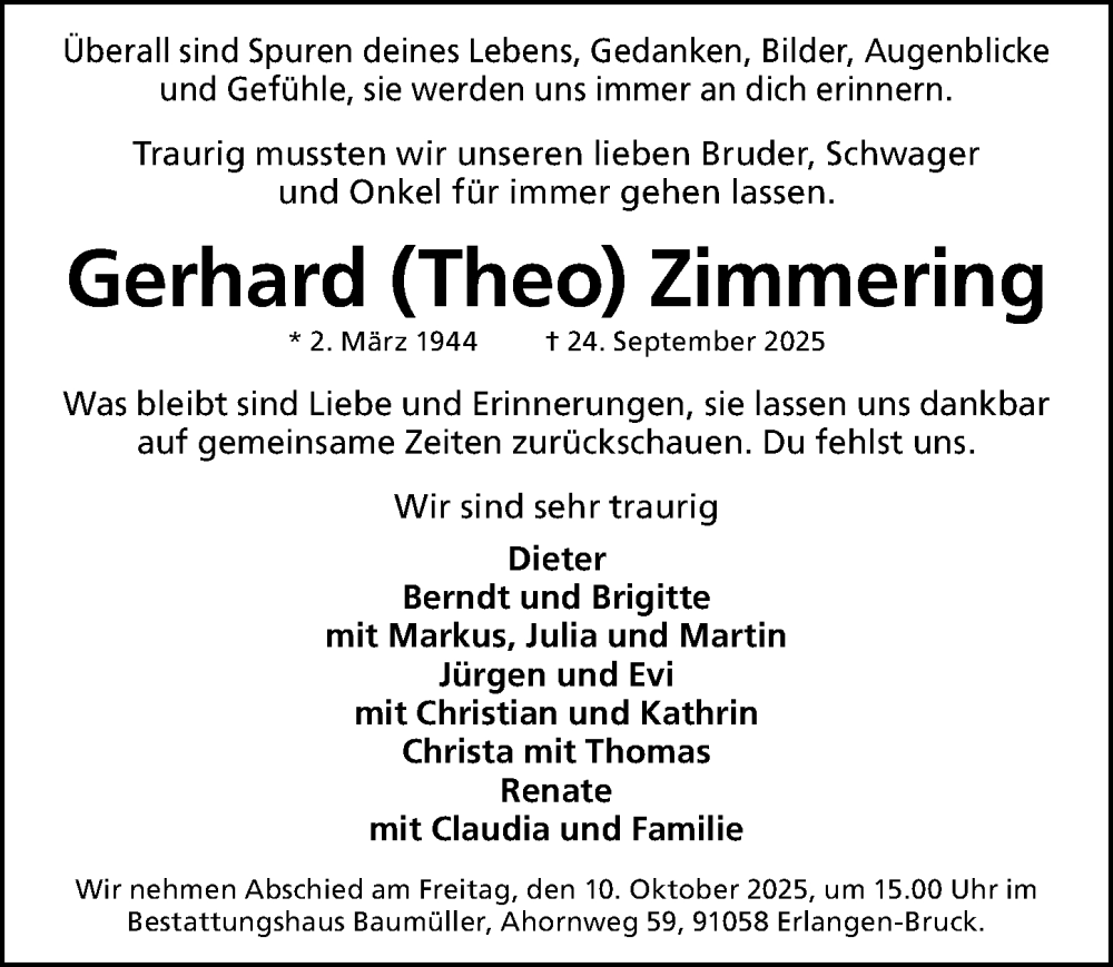  Traueranzeige für Gerhard Zimmering vom 04.10.2025 aus Gesamtausgabe Nürnberger Nachrichten/ Nürnberger Ztg.