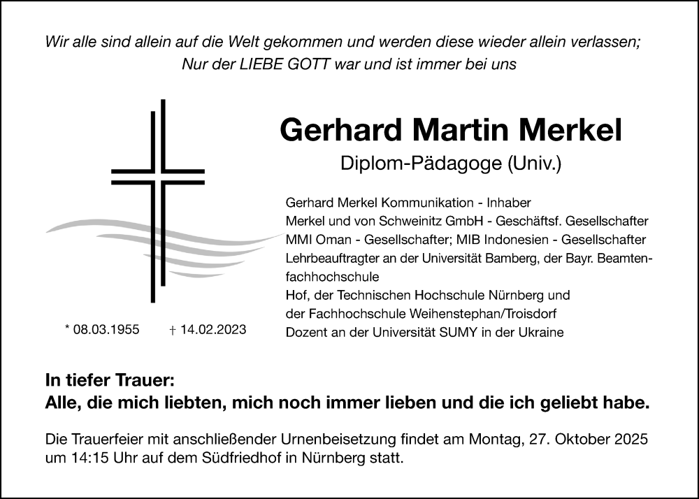  Traueranzeige für Gerhard Martin Merkel vom 18.10.2025 aus Gesamtausgabe Nürnberger Nachrichten/ Nürnberger Ztg.