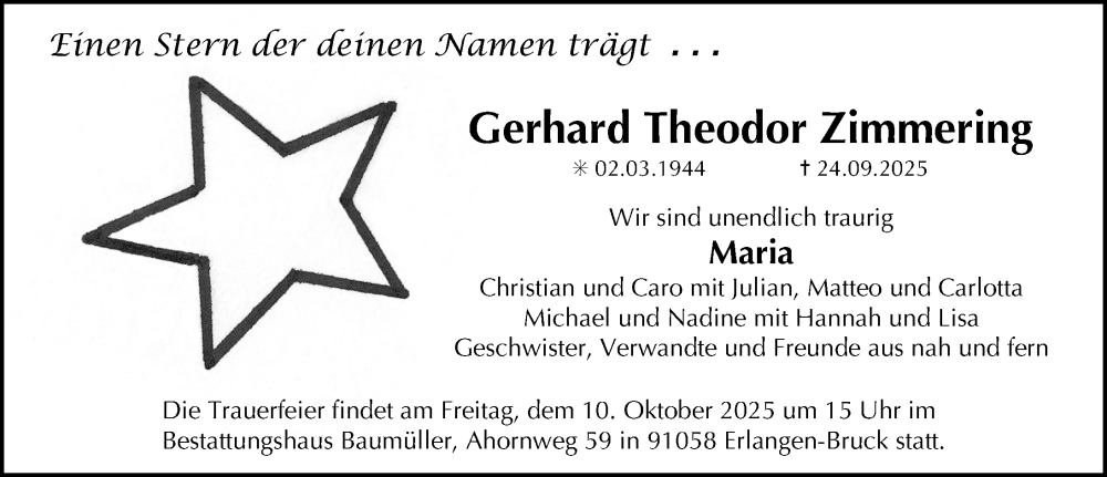  Traueranzeige für Gerhard Theodor Zimmering vom 04.10.2025 aus Gesamtausgabe Nürnberger Nachrichten/ Nürnberger Ztg.