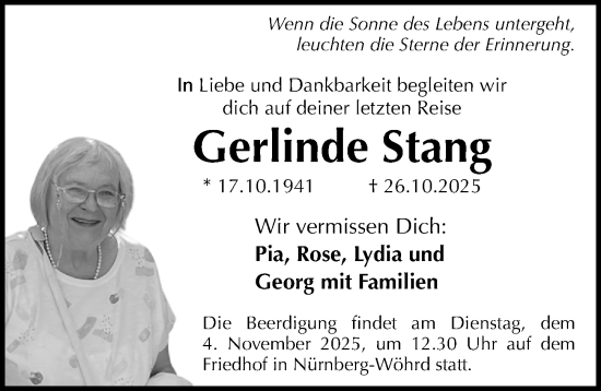 Traueranzeige von Gerlinde Stang von Gesamtausgabe Nürnberger Nachrichten/ Nürnberger Ztg.