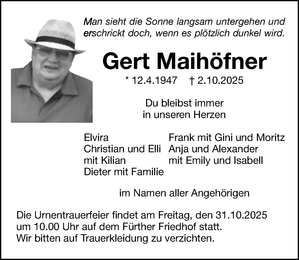  Traueranzeige für Gert Maihöfner vom 25.10.2025 aus Gesamtausgabe Nürnberger Nachrichten/ Nürnberger Ztg.