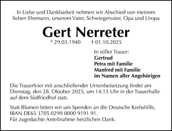 Traueranzeige von Gert Nerreter von Gesamtausgabe Nürnberger Nachrichten/ Nürnberger Ztg.