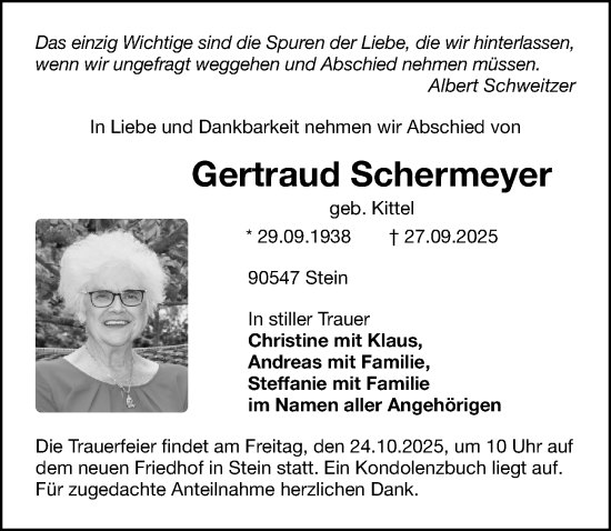 Traueranzeige von Gertraud Schermeyer von Gesamtausgabe Nürnberger Nachrichten/ Nürnberger Ztg.