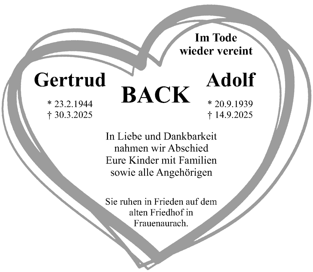  Traueranzeige für Gertrud Back vom 11.10.2025 aus Erlanger Nachrichten Lokal