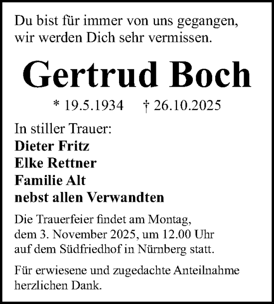 Traueranzeige von Gertrud Boch von Gesamtausgabe Nürnberger Nachrichten/ Nürnberger Ztg.