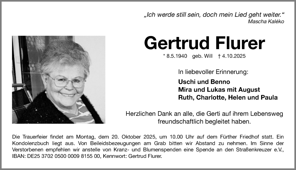  Traueranzeige für Gertrud Flurer vom 17.10.2025 aus Fürther Nachrichten Lokal