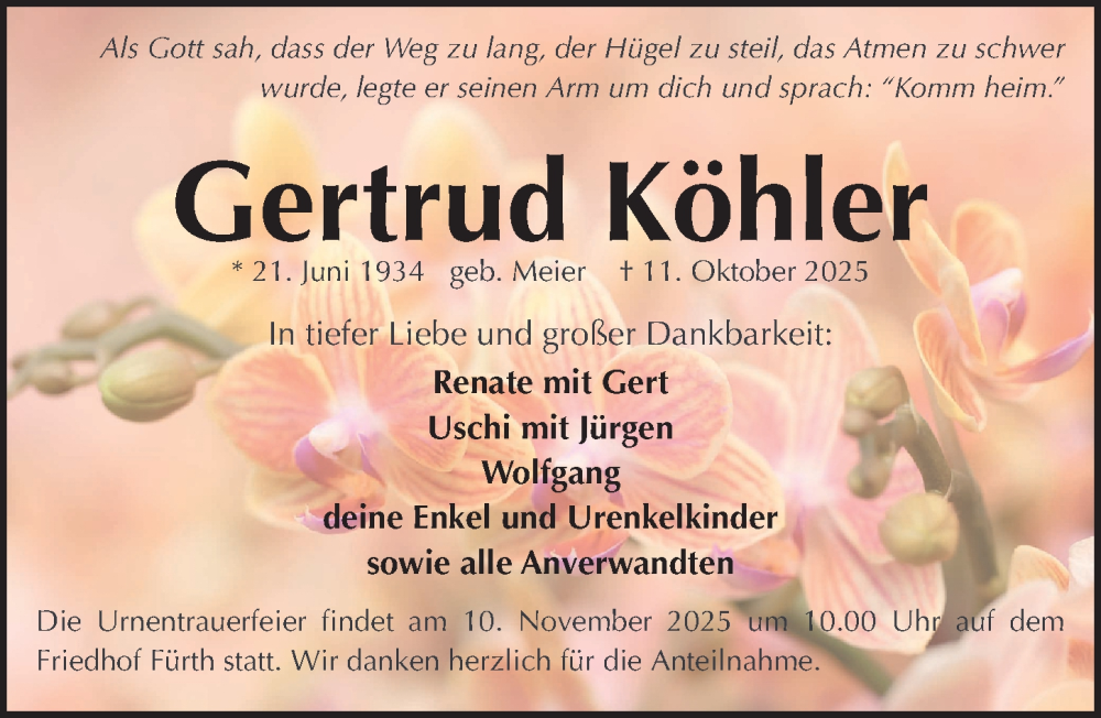  Traueranzeige für Gertrud Köhler vom 31.10.2025 aus Fürther Nachrichten Lokal