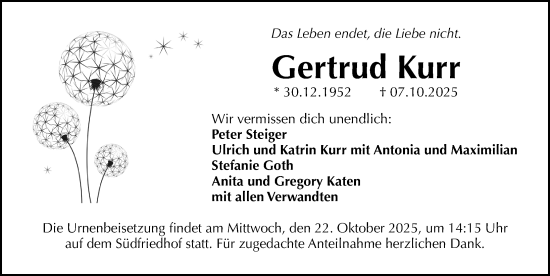 Traueranzeige von Gertrud Kurr von Gesamtausgabe Nürnberger Nachrichten/ Nürnberger Ztg.