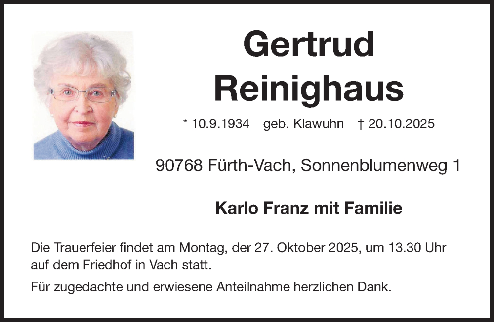  Traueranzeige für Gertrud Reinighaus vom 25.10.2025 aus Fürther Nachrichten Lokal