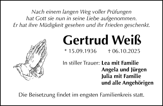 Traueranzeige von Gertrud Weiß von Gesamtausgabe Nürnberger Nachrichten/ Nürnberger Ztg.